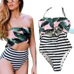 NWT Cupshe Monokini One Piece Swimsuit Size M High Waist Tropical Striped Print